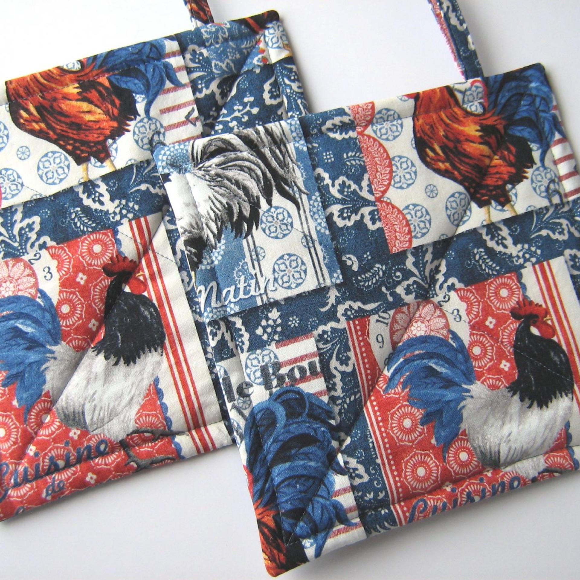 French Country Rooster Potholders, Handmade Quilted Hot Pads, Hostess, Housewarming Gift