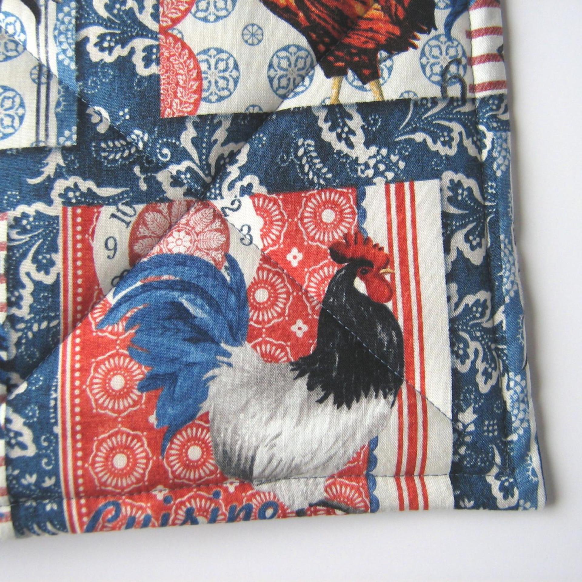 French Country Rooster Potholders, Handmade Quilted Hot Pads, Hostess, Housewarming Gift