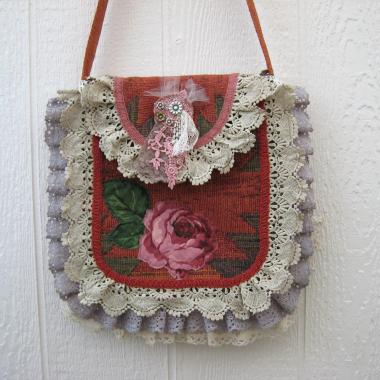 Boho Festival Bag w. Vintage Lace Trim, Rose Applique & Glamor Brooch, Décor Fabric Hippie Tote w. Starry Cotton Lining, 2 Pockets, USA Made