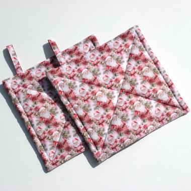 Pink Christmas Potholders, Mini Santa Quilted Hot Pads, USA Handmade, Wrapped for Gift Giving