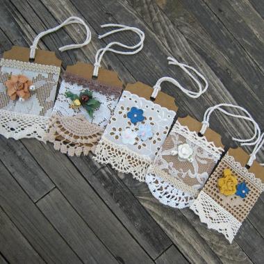 Primitive Lacy Gift Tags, Handmade Hangtags with Flowers and Pearls, Scrapbook Ornaments, Junk Journaling