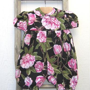 Pink & White Roses Baby Romper for 9 to 12 Months, USA Handmade Short-Sleeved 1-Pc. Outfit