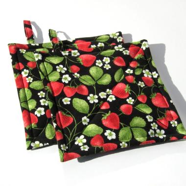 Sweetheart Strawberry Potholders, Red Berries with Leaves & Blossoms on a Black Background, USA Handcrafted Hot Pads, Housewarming Gift