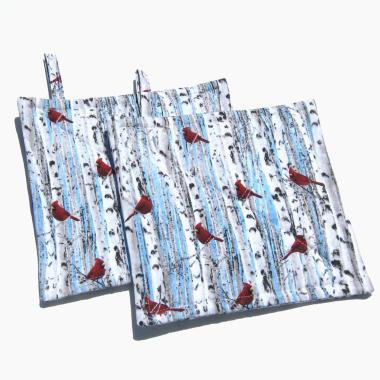 Red Cardinals Potholders, Christmas Décor, Birds in Wintry Birch Trees, Quilted Hot Pads, Stocking Stuffer, USA Handmade Gift for Bird Lover, Housewarming