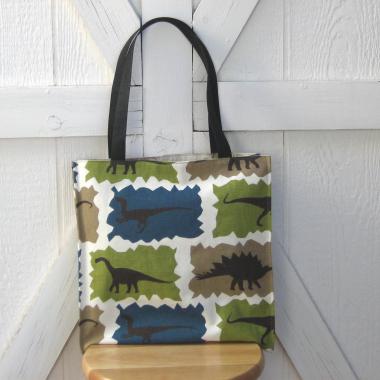Dinosaur Tote, Funky Lined Bag with Inside Pocket, Perfect for Groceries, Books and Travel, Green, Teal & Taupe Cotton Bag, Handcrafted in New Mexico
